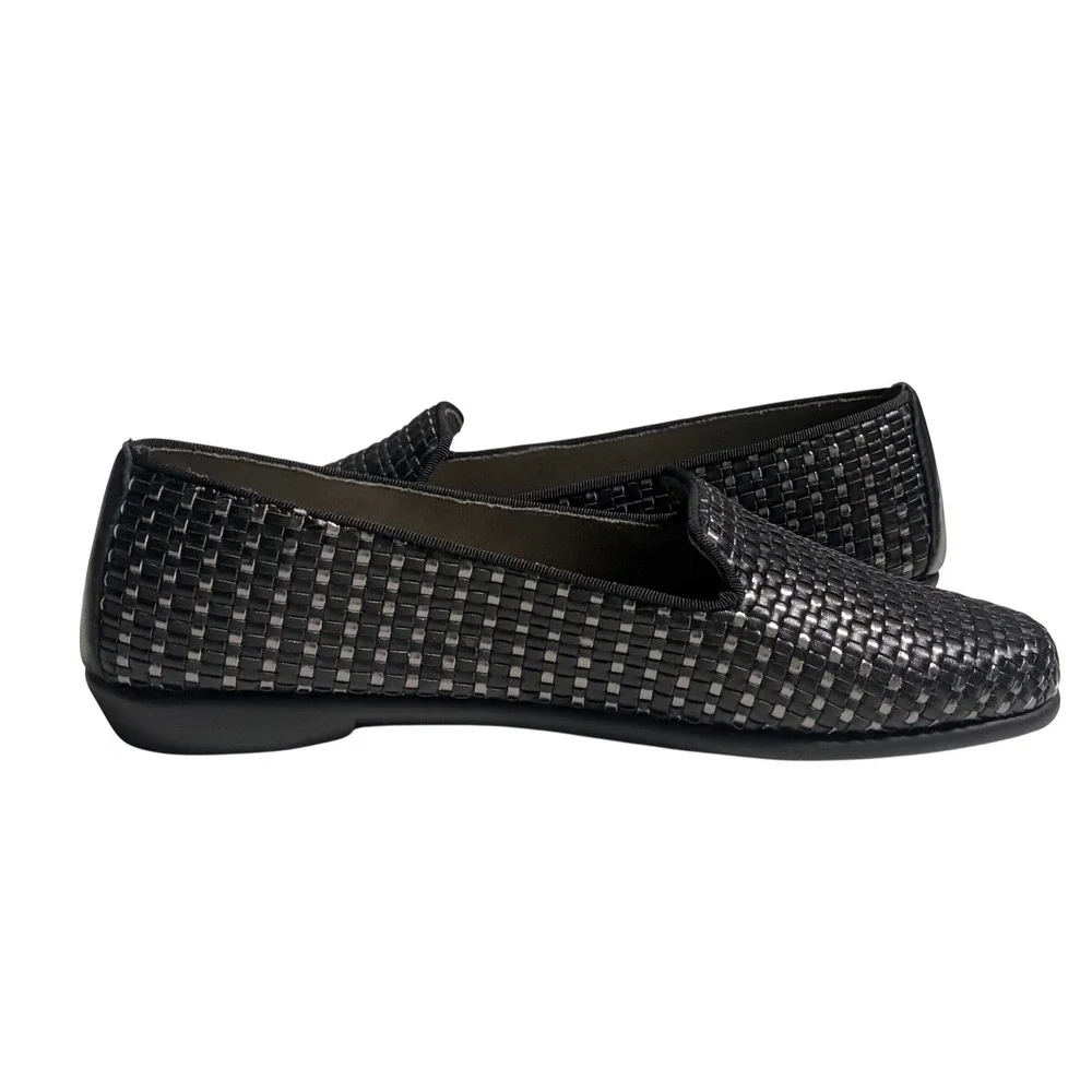 Ros Hommerson Woven‎ Leather Loafers Black Silver Metallic Flats Womens 10W